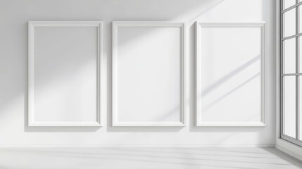 Three white picture frames on white background