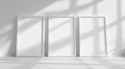 Three white picture frames on white background