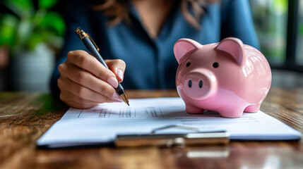 woman's hand writing in a notebook with a calculator beside her. The scene symbolizes organization, planning, and the thoughtful management of tasks or finances