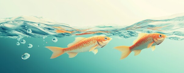 Two goldfish swim in clear blue water.