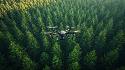 Fototapeta premium Surveillance Drone Flying Over Lush Forest Canopy with Clear Sky Copy Space