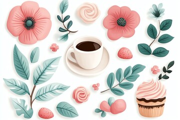 A charming collection of flowers, leaves, and a cup of coffee, perfect for spring-themed designs and cozy moments.