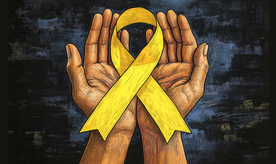 A hand holding a yellow ribbon illustration for Sarcoma cancer , Suicide awareness