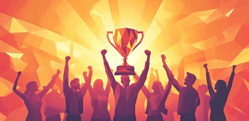 Business professionals celebrating a major milestone with enthusiasm as they hold up a golden trophy, perfect for illustrating concepts of success, teamwork, and corporate excellence.