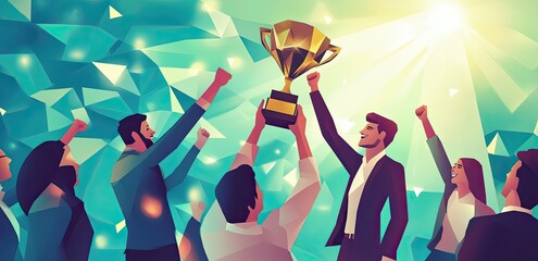 Business professionals celebrating a major milestone with enthusiasm as they hold up a golden trophy, perfect for illustrating concepts of success, teamwork, and corporate excellence.