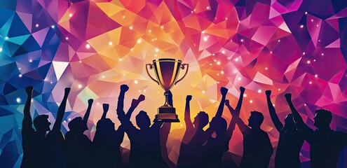 Business professionals celebrating a major milestone with enthusiasm as they hold up a golden trophy, perfect for illustrating concepts of success, teamwork, and corporate excellence.