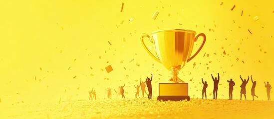 Business professionals celebrating a major milestone with enthusiasm as they hold up a golden trophy, perfect for illustrating concepts of success, teamwork, and corporate excellence.