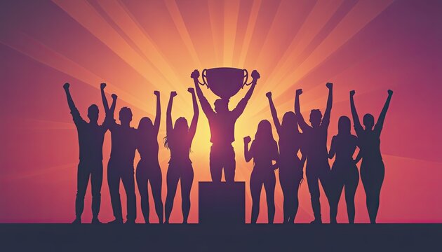 Business professionals celebrating a major milestone with enthusiasm as they hold up a golden trophy, perfect for illustrating concepts of success, teamwork, and corporate excellence.
