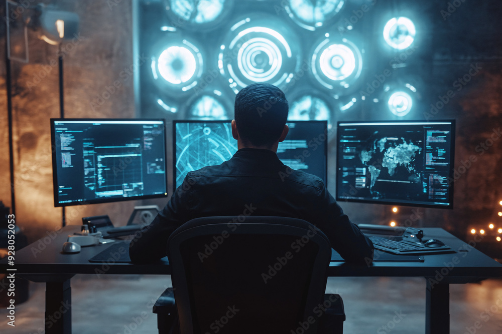 Aufkleber a man sits at a desk with three computer monitors in front of him