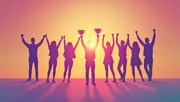 Business professionals celebrating a major milestone with enthusiasm as they hold up a golden trophy, perfect for illustrating concepts of success, teamwork, and corporate excellence.