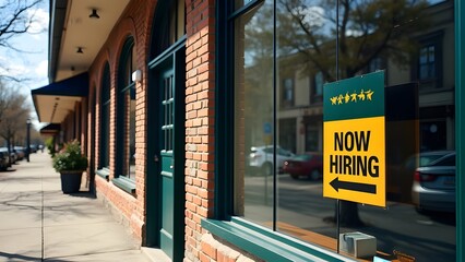 Naklejka premium Now hiring sign in front of business commercial work area searching for job opportunities career board