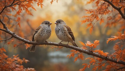 Obraz premium Two sparrows perched gracefully among vibrant autumn leaves in a tranquil forest setting