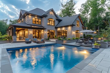 Stunning three-level luxury home in Northernville with elegant outdoor pool, comfortable seating, lighting, perfect landscaping, and beautifully designed architecture.