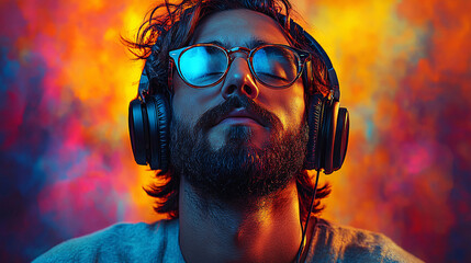 A hipster man listening to music against a colorful background.