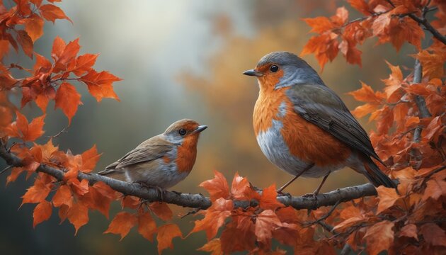 Two beautiful birds perched on colorful autumn leaves on a crisp morning