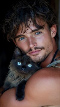 man holding kitty cat kitten blue eyes beard two models frame tanned medium long hair young face city half elf loving exotic length rogue