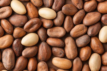 Obraz premium A close-up view of a variety of natural cocoa beans, showcasing their unique colors and textures, ideal for culinary and agricultural use.