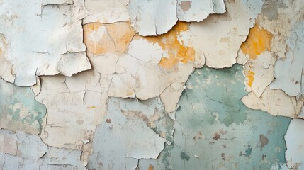 Obraz premium Abstract shot of a weathered, peeling wallpaper with faded patterns and textures.