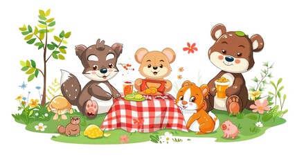 A cartoon fox, bear, and panda are having a picnic on a red and white checkered blanket.