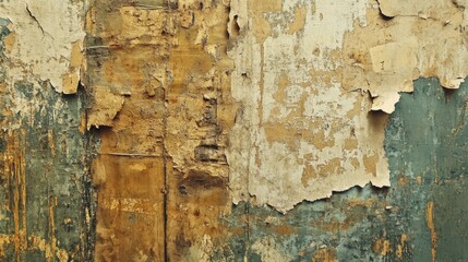 Abstract shot of a weathered, peeling wallpaper with faded patterns and textures.