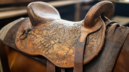Aged leather saddle with visible wear and cracks, evoking a sense of tradition and history