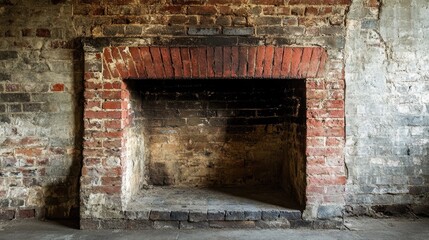 Aged brick fireplace with soot and weathering, creating a warm and rustic old-world charm.