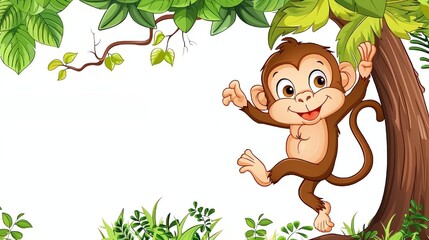 A cute cartoon monkey hanging from a tree branch.