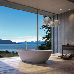 Minimalist and elegant bathroom with white bathtub, large windows  with outside view, letting in natural light. Towels neatly folded nearby. Spa-like atmosphere