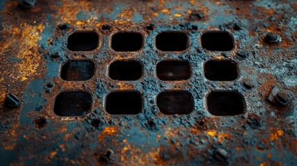 Aged metal grate with rust and corrosion, perfect for an industrial and old-world charm.