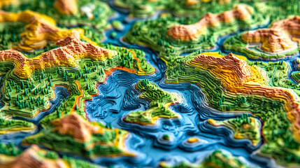 GIS geodata mapping concept showcasing detailed layers of geographic information. The vibrant map highlights intricate topographical features, suitable for spatial analysis and geospatial projects