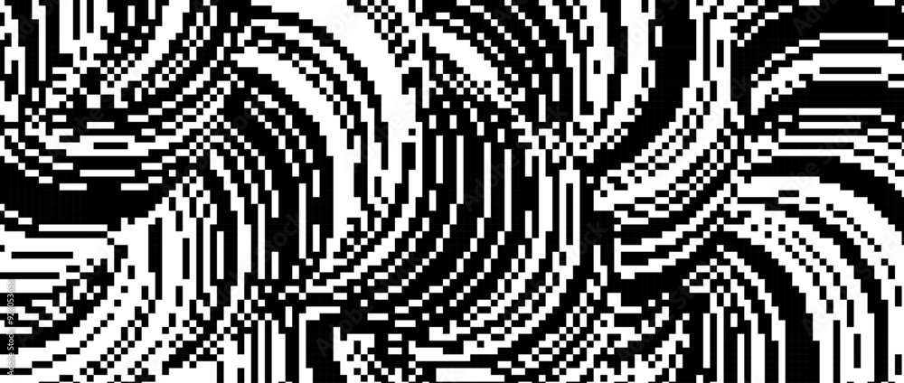 Poster pixelated undulate wavy shape. black dither wreathed textured background. digitalized fluid curvy fo
