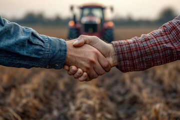 Farmers Handshake Agreement with Tractor in Rural Field