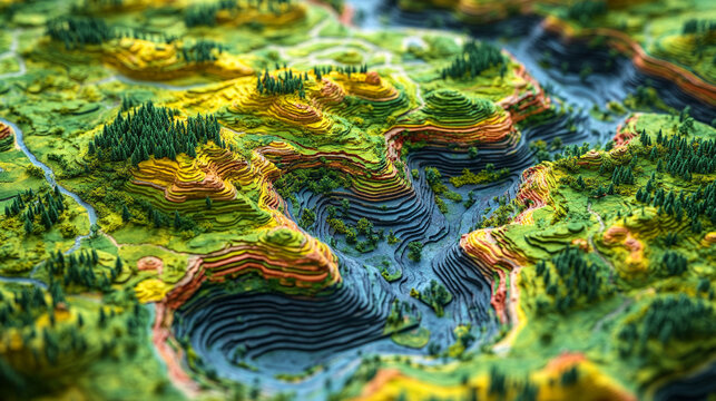 GIS geodata mapping concept showcasing detailed layers of geographic information. The vibrant map highlights intricate topographical features, suitable for spatial analysis and geospatial projects