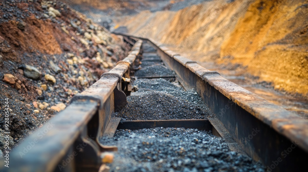 Aufkleber close-up of a mining conveyor belt carrying extracted minerals in an open pit mine.