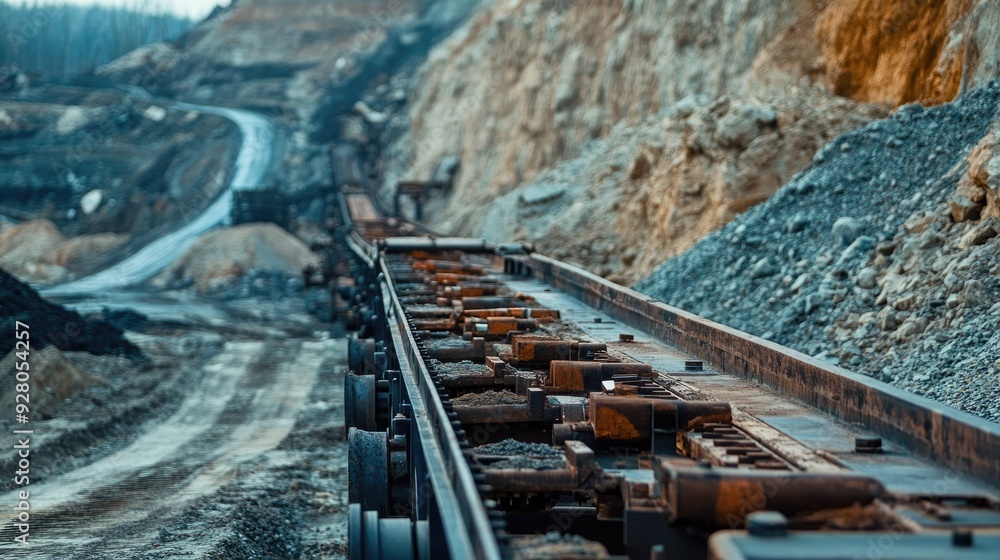 Poster close-up of a mining conveyor belt carrying extracted minerals in an open pit mine.