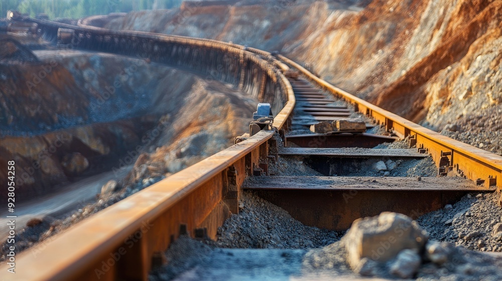 Poster close-up of a mining conveyor belt carrying extracted minerals in an open pit mine.