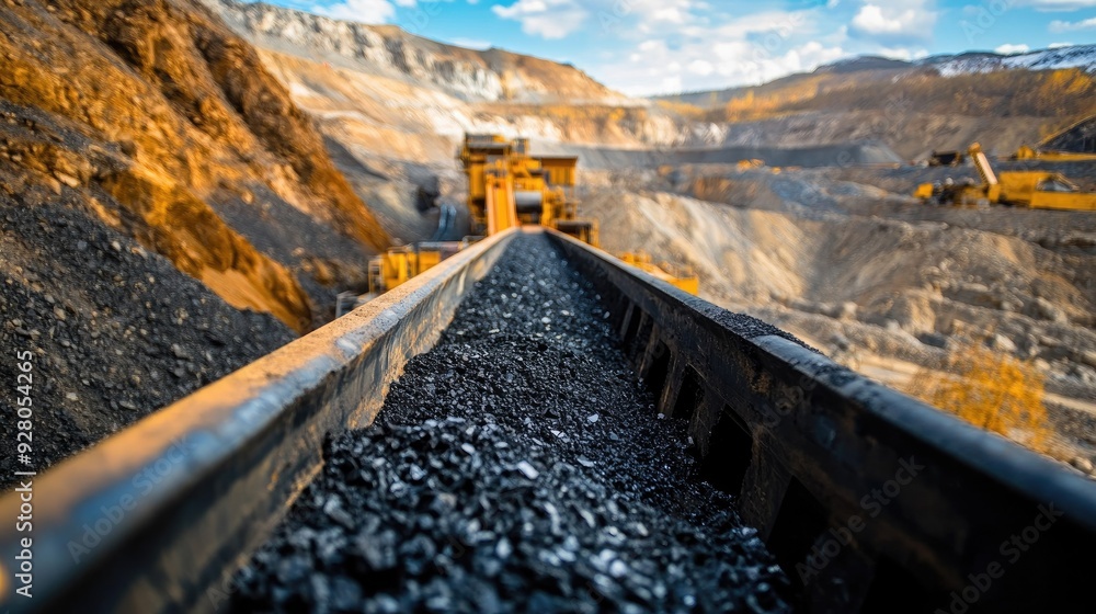 Aufkleber close-up of a mining conveyor belt carrying extracted minerals in an open pit mine.