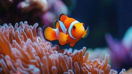 Close-up of a vibrant clownfish swimming among colorful anemones, showcasing the beauty of coral reef life.