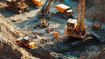 Close-up of drilling rigs and excavation equipment at a mining site