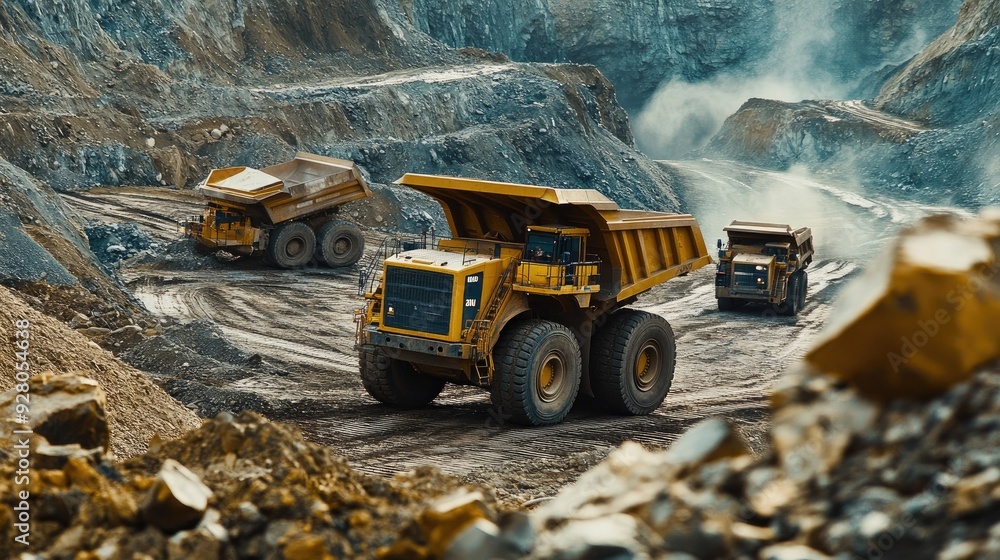 Poster close-up of mining trucks and equipment in a mining site with no workers.