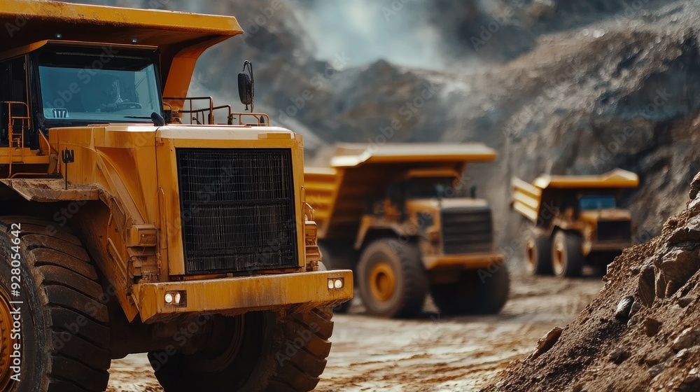 Poster close-up of mining trucks and equipment in a mining site with no workers.
