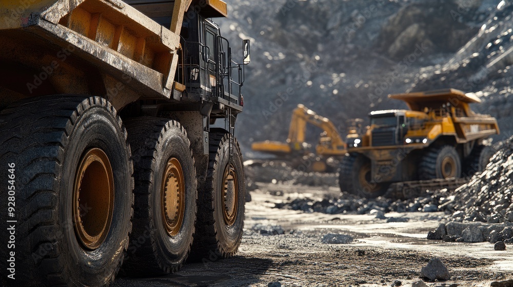 Poster close-up of mining trucks and equipment in a mining site with no workers.
