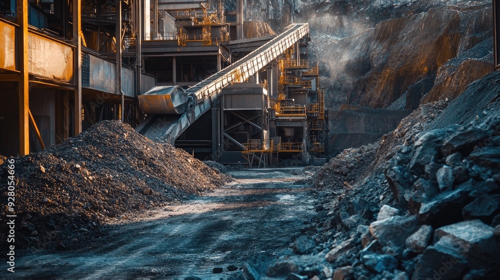 Aufkleber close-up of ore processing equipment in a mining plant with no operators present.