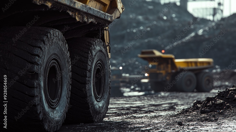 Poster close-up of mining trucks and equipment in a mining site with no workers.