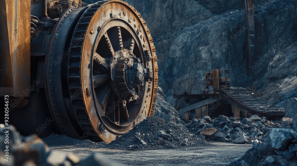 Poster close-up of ore processing equipment in a mining plant with no operators present.