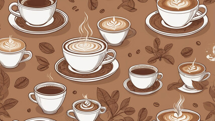Seamless Pattern of Coffee Cups with Latte Art and Leaves on Brown Background
