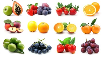 All Types of Beautiful and Colorful Fruits on a White Background: A Vibrant and Diverse Array of Fresh Fruits Displayed Against a Clean White Backdrop