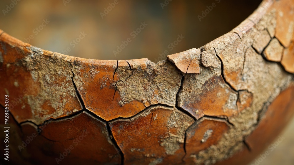 Poster cracked and weathered pottery with visible texture, ideal for a rustic and artistic backdrop.