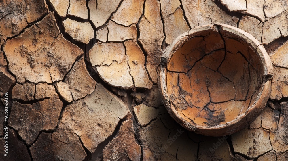 Poster cracked and weathered pottery with visible texture, ideal for a rustic and artistic backdrop.