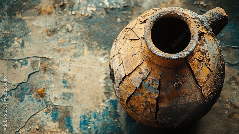 Poster Cracked and weathered pottery with visible texture, ideal for a rustic and artistic backdrop.
